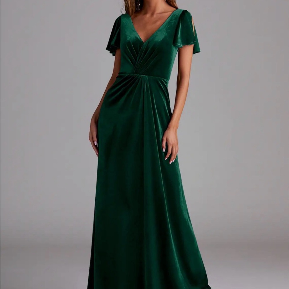 Azazie Soren Deep Green Velvet V-Neck Maxi Dress